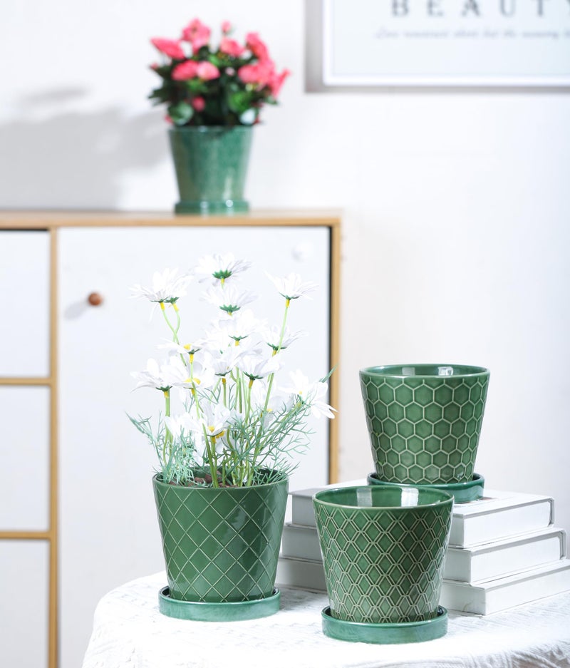 BUYMAX Plant Pots Indoor â€“5 inch Ceramic Flower Pot with Drainage Hole and Ceramic Tray - Gardening Home Desktop Office Windowsill Decoration Gift, Set of 4-Plants NOT Included (Patina) - Image 3